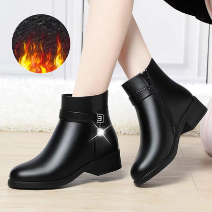 High-Heeled Leather Shoes Spring Single Shoes Thick Heel Thick Sole Slip-On Women's Shoes Square Toe Middle-Aged Mother's Shoes