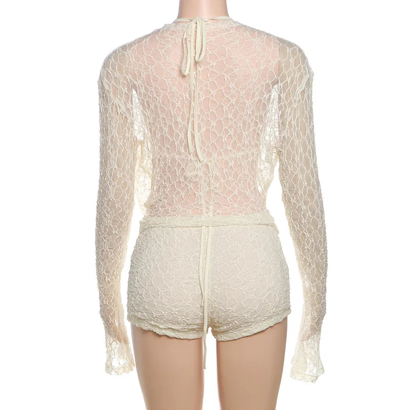 Cryptographic Fashion Halter Draped 3 Piece Sets Beach Outfits Hollow Out Lace Up Bikini Shorts Long Sleeve Co-ords Sets Suits