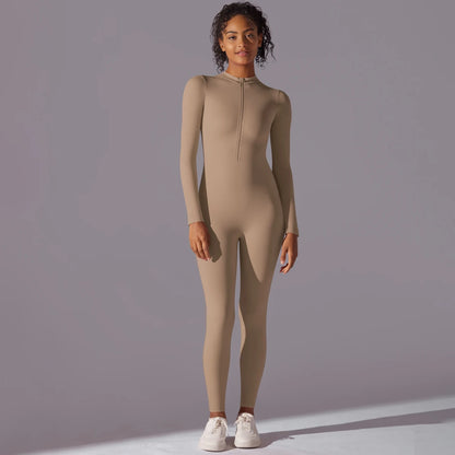 Solid Sports Jumpsuit Fashion Zipper Long Sleeve Fitness Overalls Women Sportswear Quick-dry Gym Yoga Jumpsuit