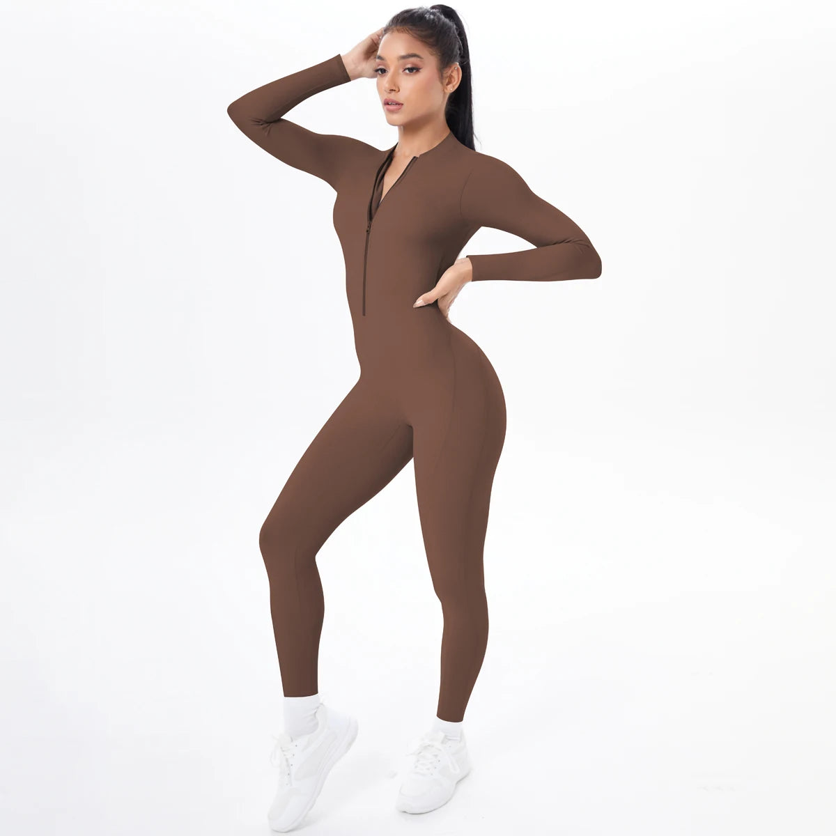 Solid Color Bodysuits for Woman's Backless Long Sleeved Zipper Yoga Jumpsuits High Dtrength Workout Sports Fitness Clothing Set