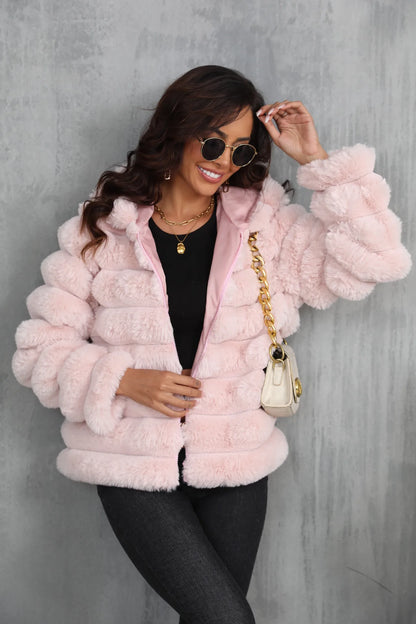 2026 Winter Hooded Plus Size Faux Fur Cropped Coat Women Furry Long Sleeve Plush Jacket Lady Large Fake Fur Warm Fluffy Cardigan