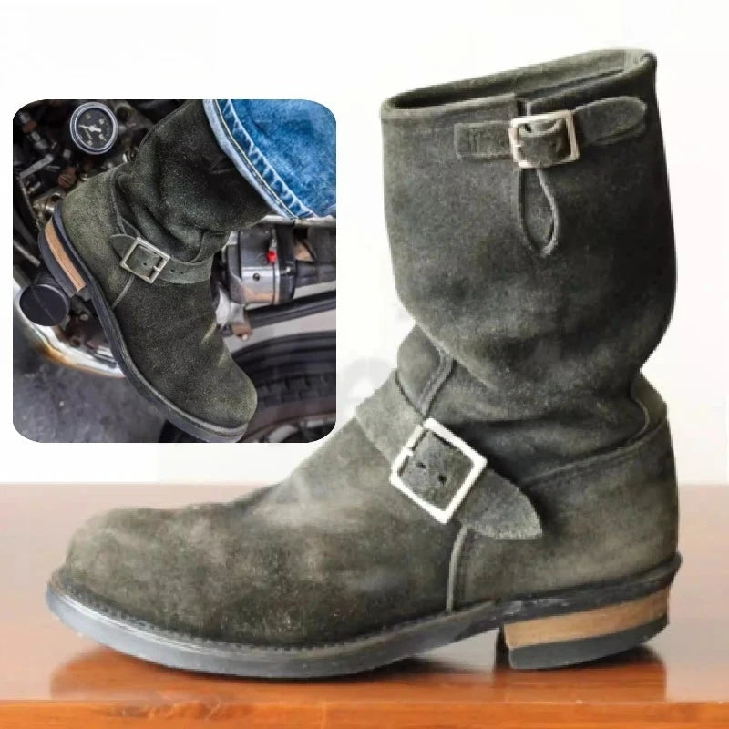 Hot Dark Green Handmade Vintage Khaki Suede Work Boots Men and Women Engineer Shoes American Retro Moto Faded Mid-Calf Boot