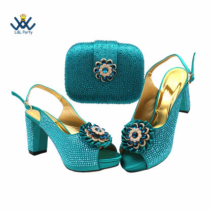 New Design Peep Toe African Spring Autumn Lady Shoes and Bag Set in Gold Color Women Sandal in Wedding