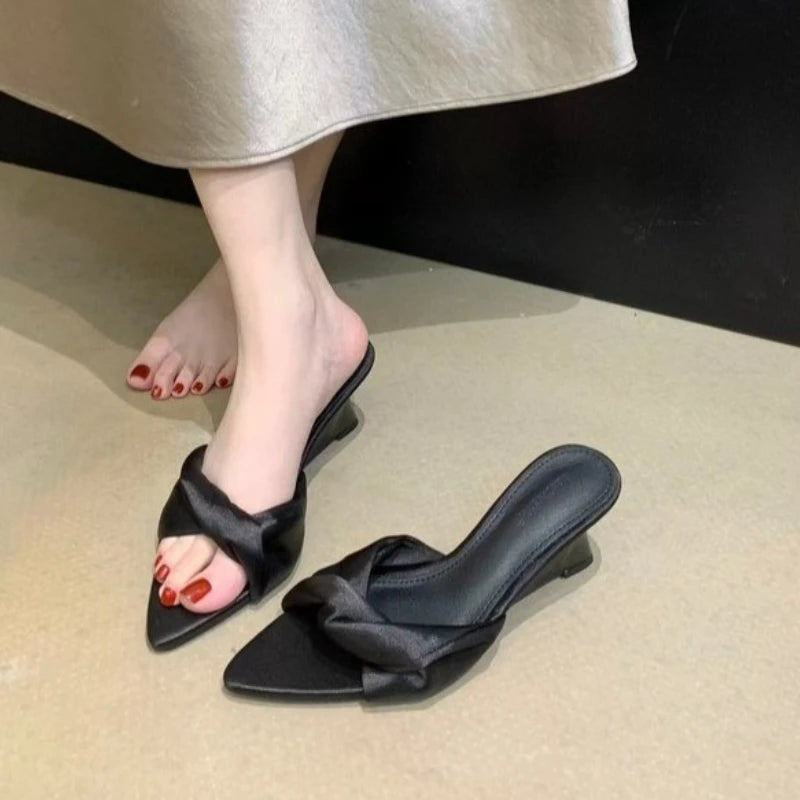Pointed Toe Women Slippers Wedges Mid Heels Shoes Designer Elegant Pumps Summer 2026 New Sandals Fashion Slides Flip Flops Lady