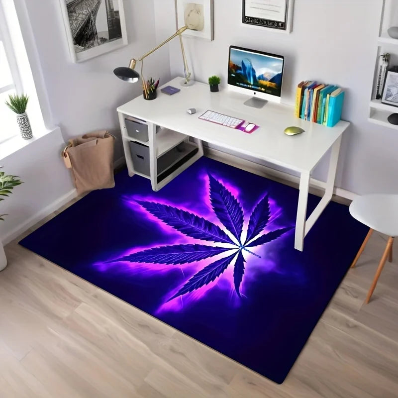 Psychedelic purple weed pattern rug cushion: non-slip, machine-washable polyester. For living room, bedroom—anti-fatigue decor.