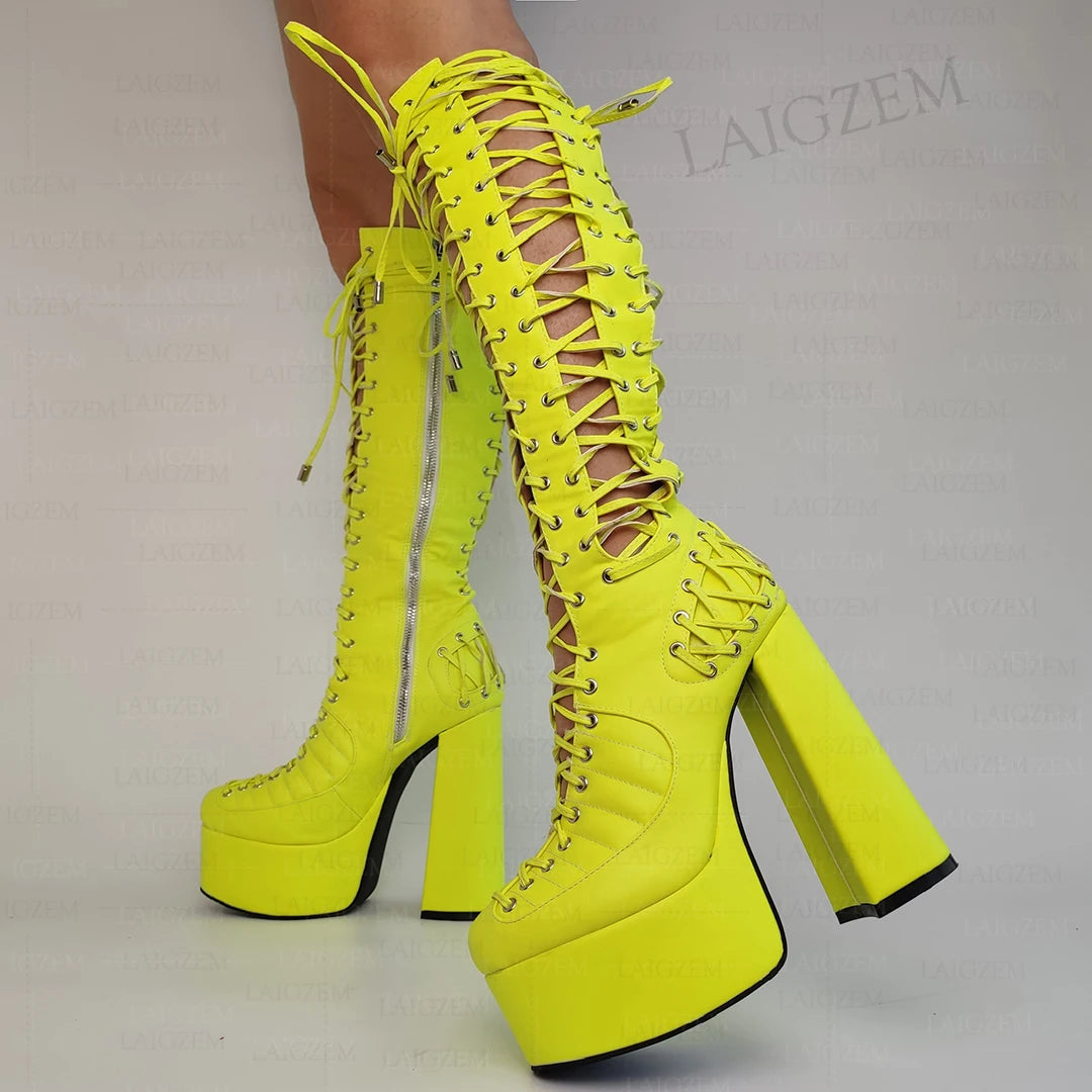 LAIGZEM Women Knee High Sandals Side Zip Up Pumps Shoes Lace Platform Cosplay Party Show Ladies Girls Shoes Woman Big Size 43 47