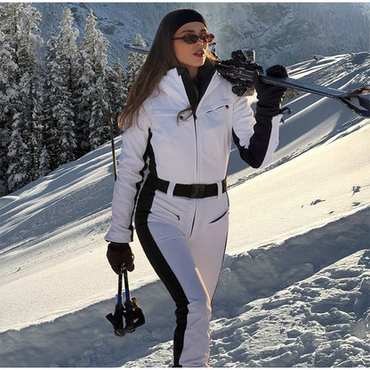Chic Faux Fur Patchwork Women's Ski Jumpsuit High Wait Belt Zippers Pocket Lady Ski Wear 2025 Winter Spring Female Romper