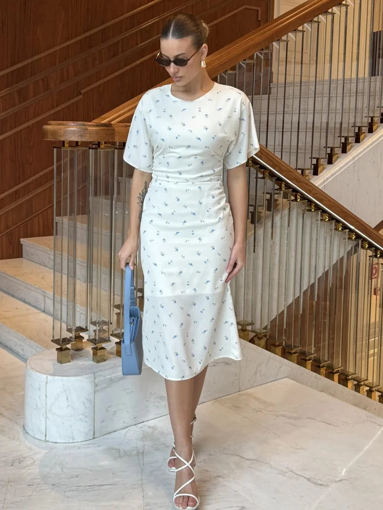 Tossy Floral Print Midi Dress Ruched Dress Round Neck Short Sleeve Fitted Waist Small Flower Print Bodycon Party Clubwear Dress