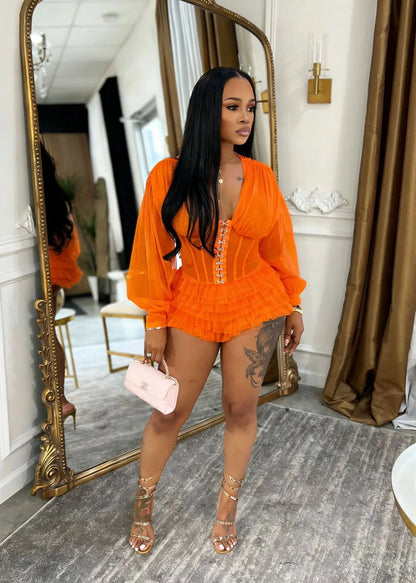 Boho Summer Mesh Casual Playsuit Sexy Women V-neck Elegant Night Club Ruffles Romper Overalls