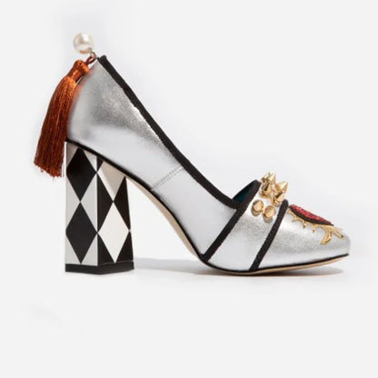 royal red heart crystal rivets Studs Pumps back pearl with tassel rhombus Square Heel Women Slip On mary jane Shoes