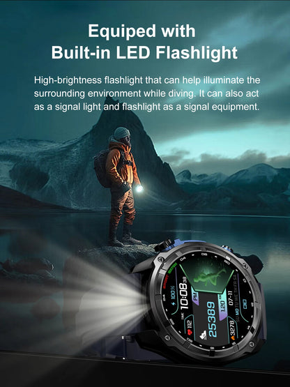 2025 New Tactical Smartwatch Built-in GPS Offline Map 4GB Memory 5ATM IP69K Swimming Waterproof Men Militray Smart Bracele