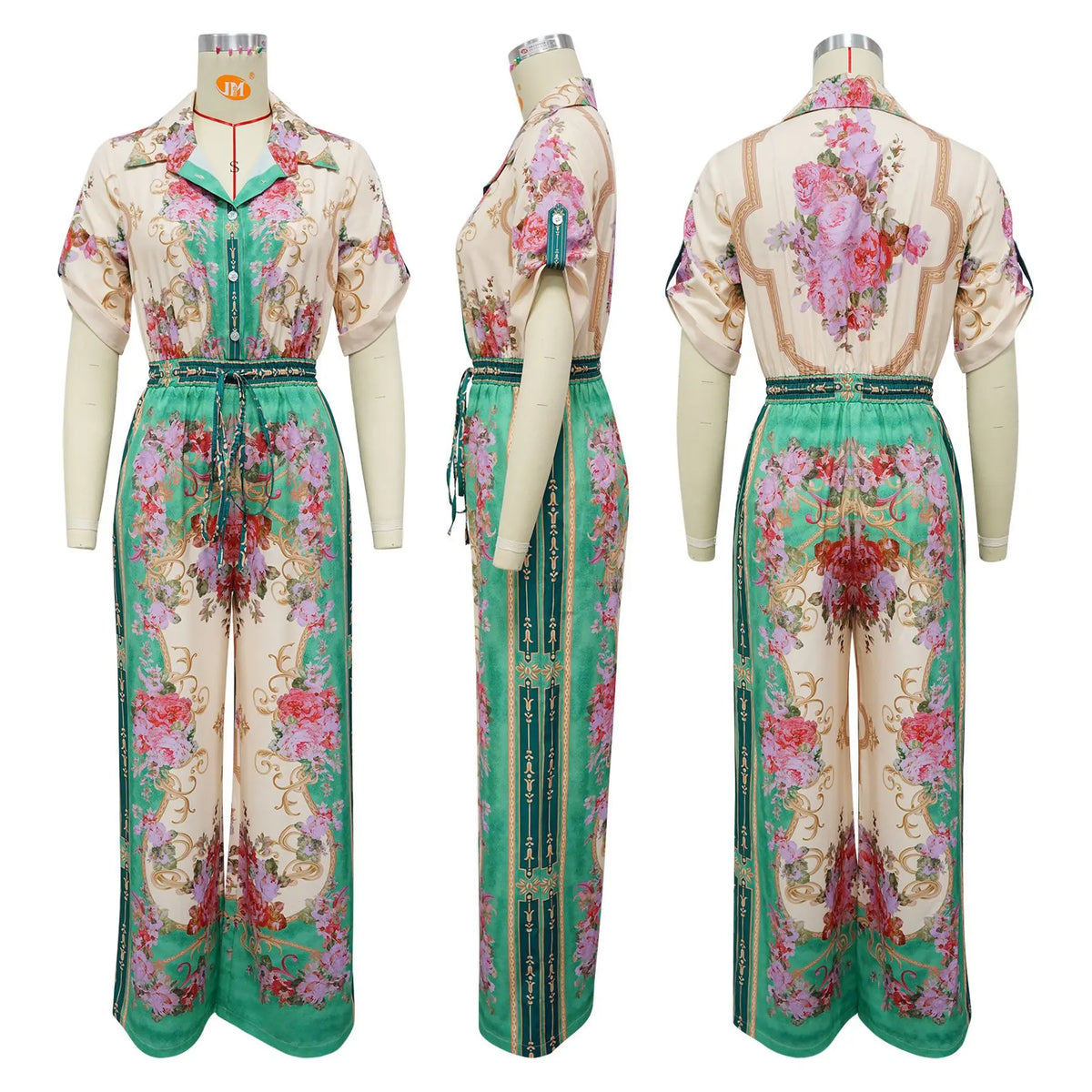 Jumpsuits Women Print One Piece Short Sleeve Overalls Wide Leg Long Pants High Waist Rompers Y2k Streetwear Beach V Neck 2025