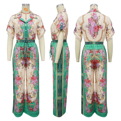 Jumpsuits Women Print One Piece Short Sleeve Overalls Wide Leg Long Pants High Waist Rompers Y2k Streetwear Beach V Neck 2025