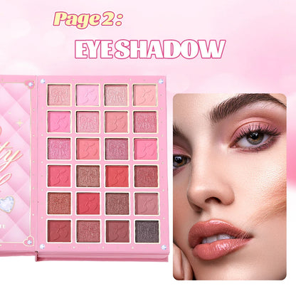 All-in-One 5-Page Makeup Magic Book: Full Kit with Multi-Shade Eyeshadow, Blush, Highlighter, Contour & Glossy Lip Gloss