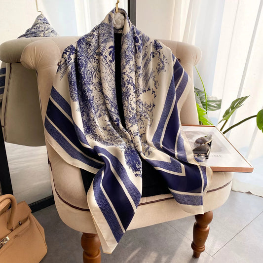 New Faux Silk Scarf for Women 110cm Square Scarf Versatile Printed Decorative Sun Protection Shawl Summer Bandana Wrap