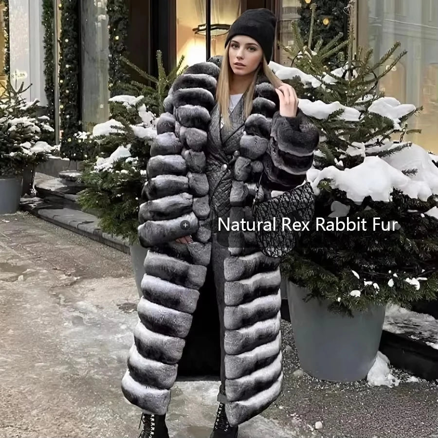 Best Selling Real Rex Rabbit Fur Coat Women Long Chinchilla Fur Coat Winter Women's Fur Jackets Brand Contrast Warm
