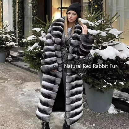 Best Selling Real Rex Rabbit Fur Coat Women Long Chinchilla Fur Coat Winter Women's Fur Jackets Brand Contrast Warm