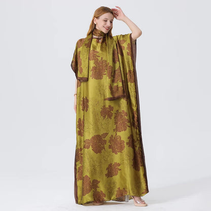 1 piece, colorful floral satin long dress, women's loose long dress, with the same color headscarf, fashionable beach robe