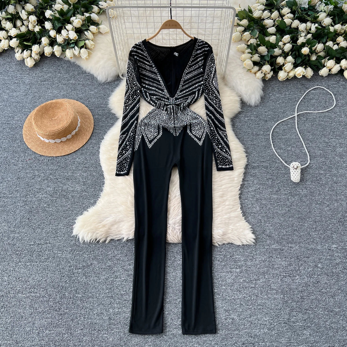 SINGREINY Sexy Senior Bodycon Jumpsuits Women Deep V-Neck Long Sleeves Zipper Diamonds Design Fashion Hotsweet Party Playsuits