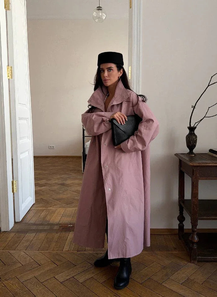 Casual Stand Collar Women Long Trench Coat Single-breasted Lantern Sleeves Pink Windbreaker Jacket Spring Fall Fashion Overcoat