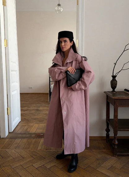 Casual Stand Collar Women Long Trench Coat Single-breasted Lantern Sleeves Pink Windbreaker Jacket Spring Fall Fashion Overcoat