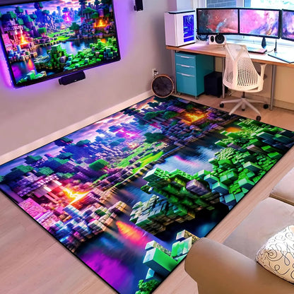 Neon Voxel World Print Area Rug, Colorful Blocky Pixel Scene Floor Mat for Gaming Room, Bedroom, Non-Slip Washable Carpet