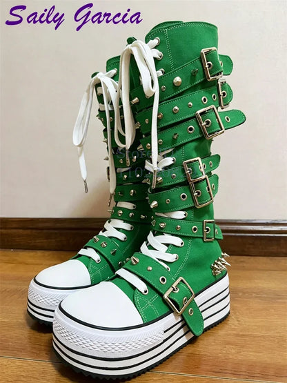 Festival Rave Orange Platform Boots Punk Rivet Buckle Straps Knee High Boots 2026 Fashion Thick Sole Women Shoes Party Footwear