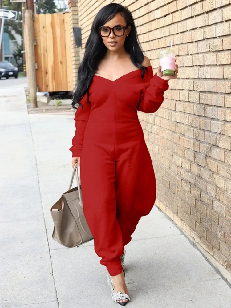 Doyerl Autumn Winter Solid Jumpsuits for Woman Long Sleeve Romper Sexy Off the Shoulder V-neck One Pieces Overalls Combinaison