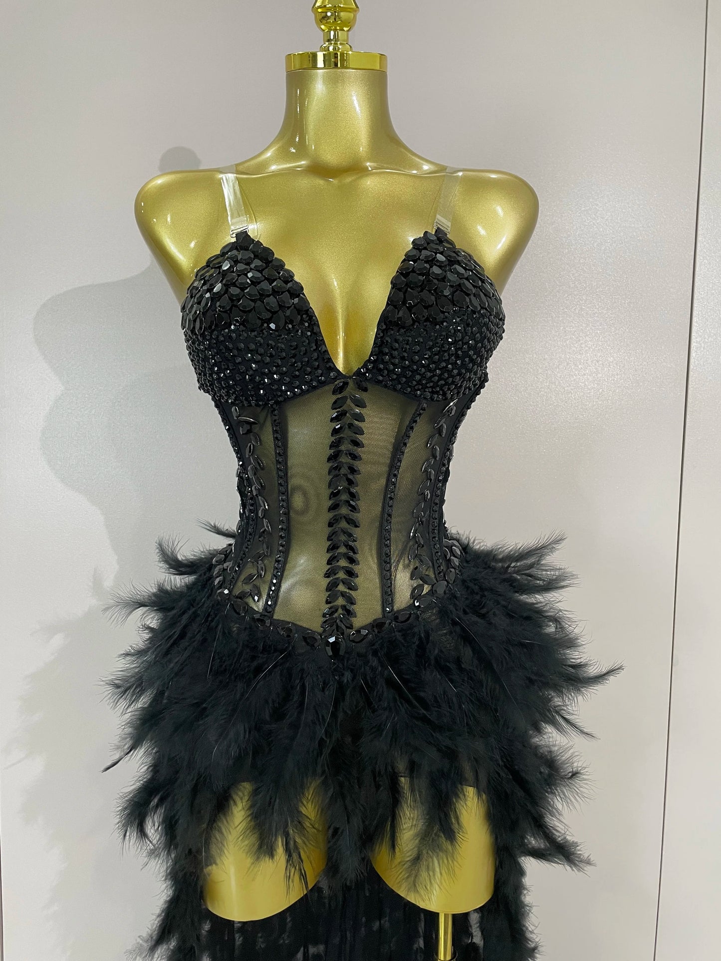 Sparkly Rhinestones Feathers Long Tail Bodysuits Sexy Mesh Transparent Stage Dress Evening Party Celebrate Luxury Birthday Dress