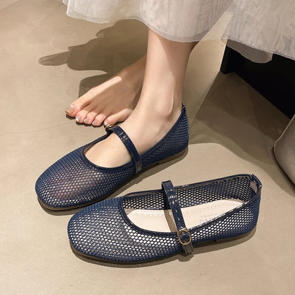 Women Luxury Sandals Flats Shallow Beach Comfort Retro Female Mary Jane Fishing Net Ballet Shoes Women's Soft Bottom Flat Hollow