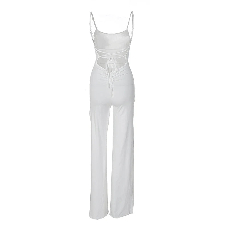 Summer New Fashion Y2K Solid Color Slit Long Pants Backless Strap Gothic Dark Style Women's Jumpsuit