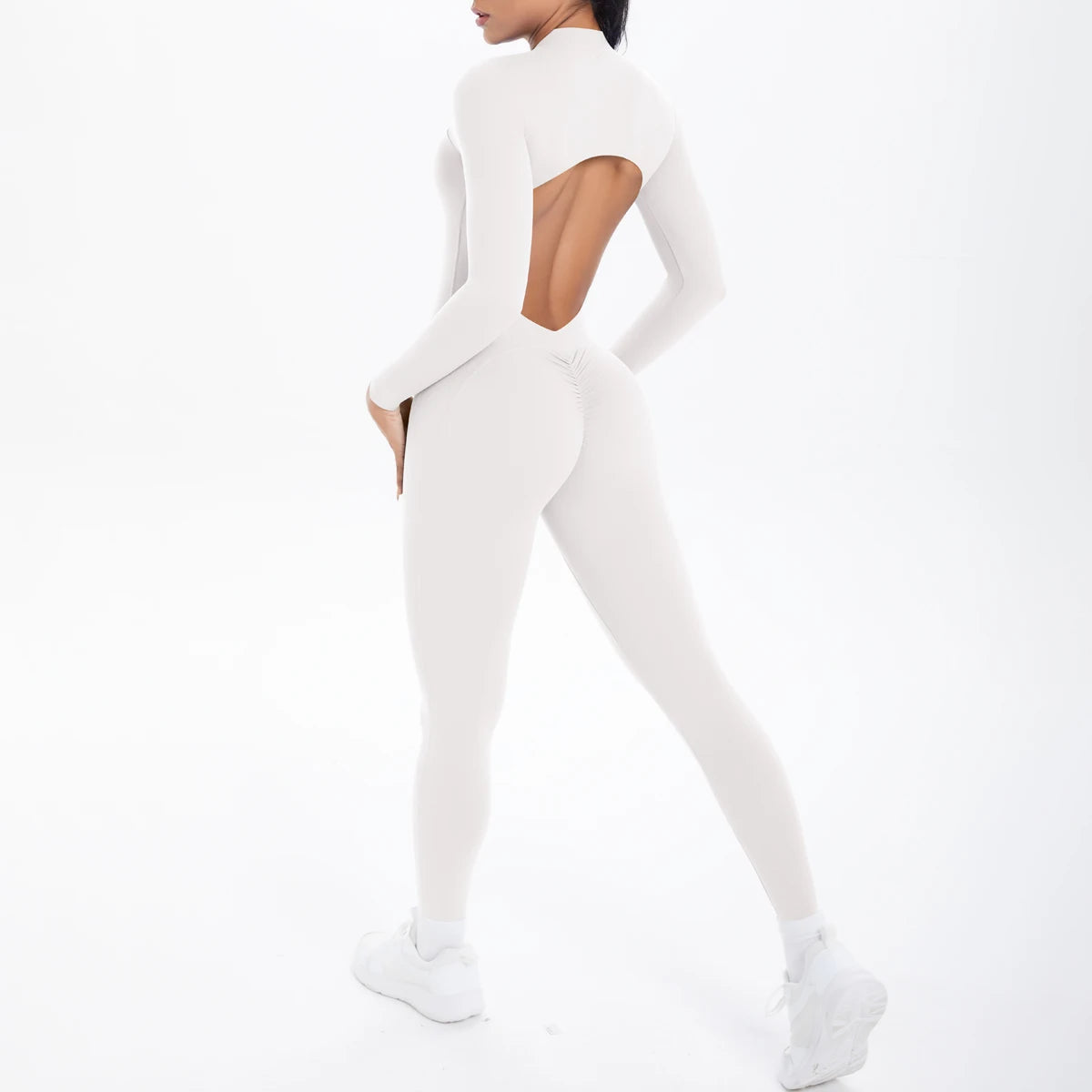 Solid Color Bodysuits for Woman's Backless Long Sleeved Zipper Yoga Jumpsuits High Dtrength Workout Sports Fitness Clothing Set