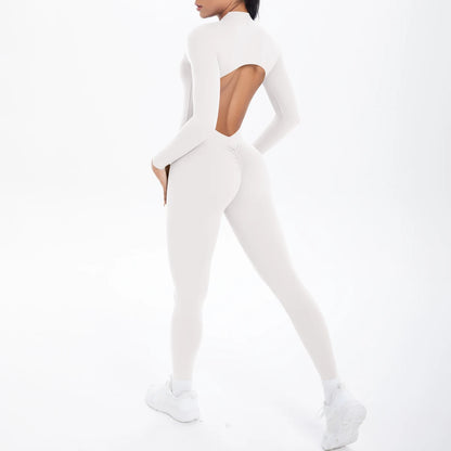 Solid Color Bodysuits for Woman's Backless Long Sleeved Zipper Yoga Jumpsuits High Dtrength Workout Sports Fitness Clothing Set