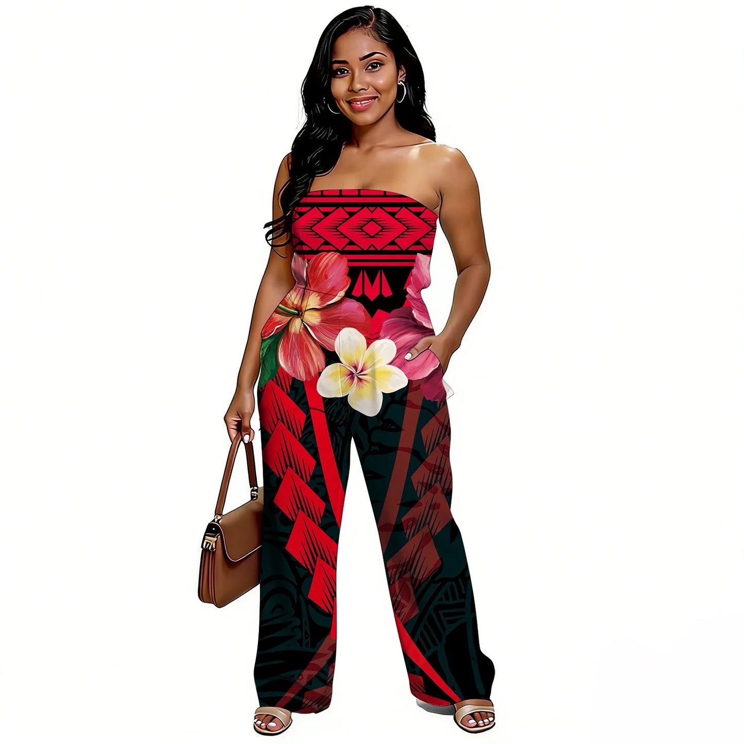 Newly designed Polynesian-style casual loose-shoulder women's one-piece pants with ethnic style - Samoan wide-leg pants