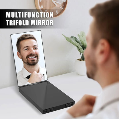 Travel Portable 360° Trifold Vanity Makeup Mirror with Height Adjustable Telescoping Hook for Hair Self Cutting, Shaving, Gifts