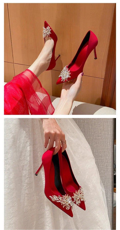 2024 Spring Summer Autumn New Wedding Shoes Red High Heels  Slim Heels Korean Version Pointed Toe Bride Shoes High Heels
