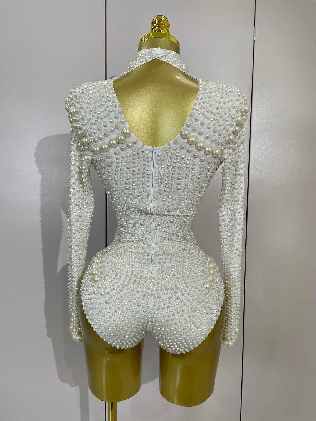 Luxury White Full Pearl Long Sleeved Stretch Bodysuit Women Birthday Evening Party Celebrate DJ Performance Nightclub Stage Wear