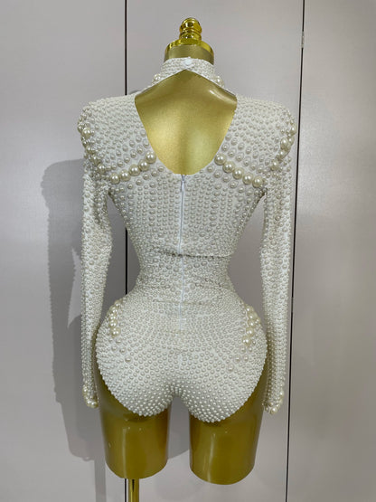 Luxury White Full Pearl Long Sleeved Stretch Bodysuit Women Birthday Evening Party Celebrate DJ Performance Nightclub Stage Wear