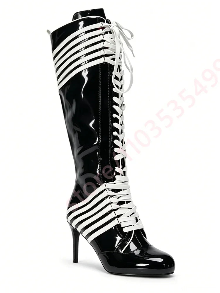 Black Red Color Block Striped Knee High Boots Women 2026 New Full Lace Up Thin Stiletto High Heel Fashion Streetwear Long Boots