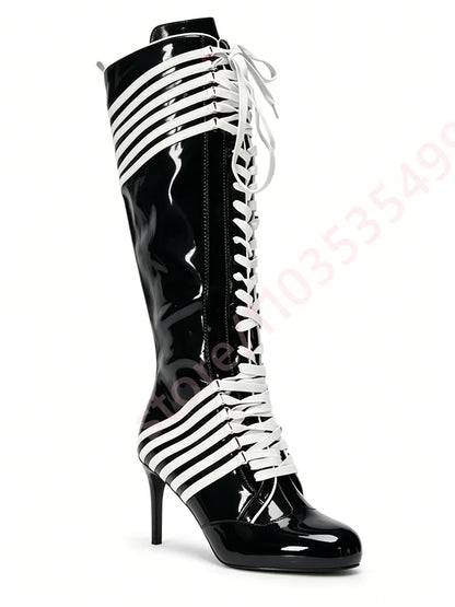 Black Red Color Block Striped Knee High Boots Women 2026 New Full Lace Up Thin Stiletto High Heel Fashion Streetwear Long Boots