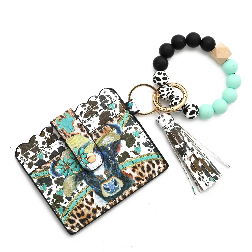 Bull Silicone Beads Bracelet Pu Leather Purse Leopard Print Tassel Cow Wallet Keychain Silicone Beaded ID Card Holder Keychain