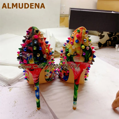 ALMUDENA Multi-Color Rivets Thin High Heel Dress Shoes 12Cm 10Cm 8Cm Stilettos Pointed Toe Shallow Pumps Pricts Spikes Footwear