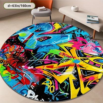 Hip Hop Street Graffiti Art Printed Round Carpet, Modern Cool Urban Style Anti-slip Rug for Entryway Lounge Bedroom Floor Decor
