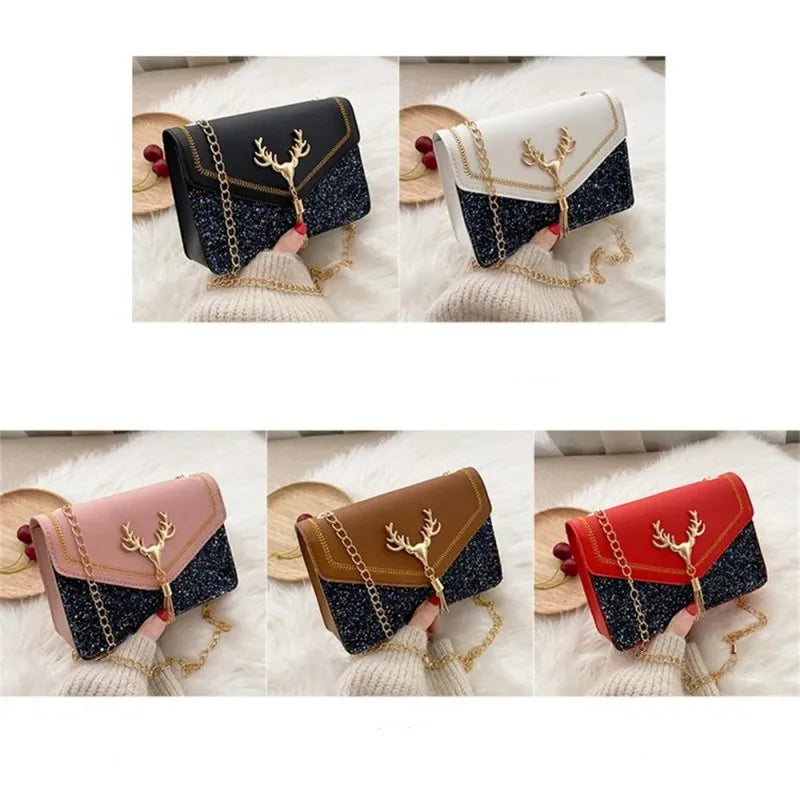Fashion Women Shoulder Bag Deer Head Decoration Messenger Bags PU Leather Button Underarm Luxury Chain Lady Small Square Handbag