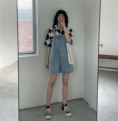 Women's Denim Overalls Short Trousers Wide Leg Loose Fit Thin Jumpsuit Korean Style for Petite Ladies Casual Clothing