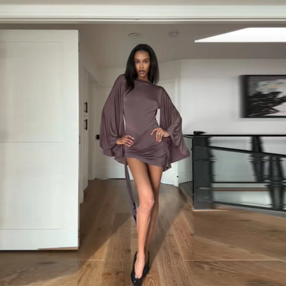 Draped Elegant Romper Batwing Sleeve Ruched Waist Tie Women Dresses Parties Date Nights Stylish Modest Female Evening Wear