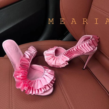 Solid Satin Ruffles Stiletto Sandals Women Elegant Back Strap Sweet Party Flower Shoes Ladies Open Toe Leopard Evening Sandals