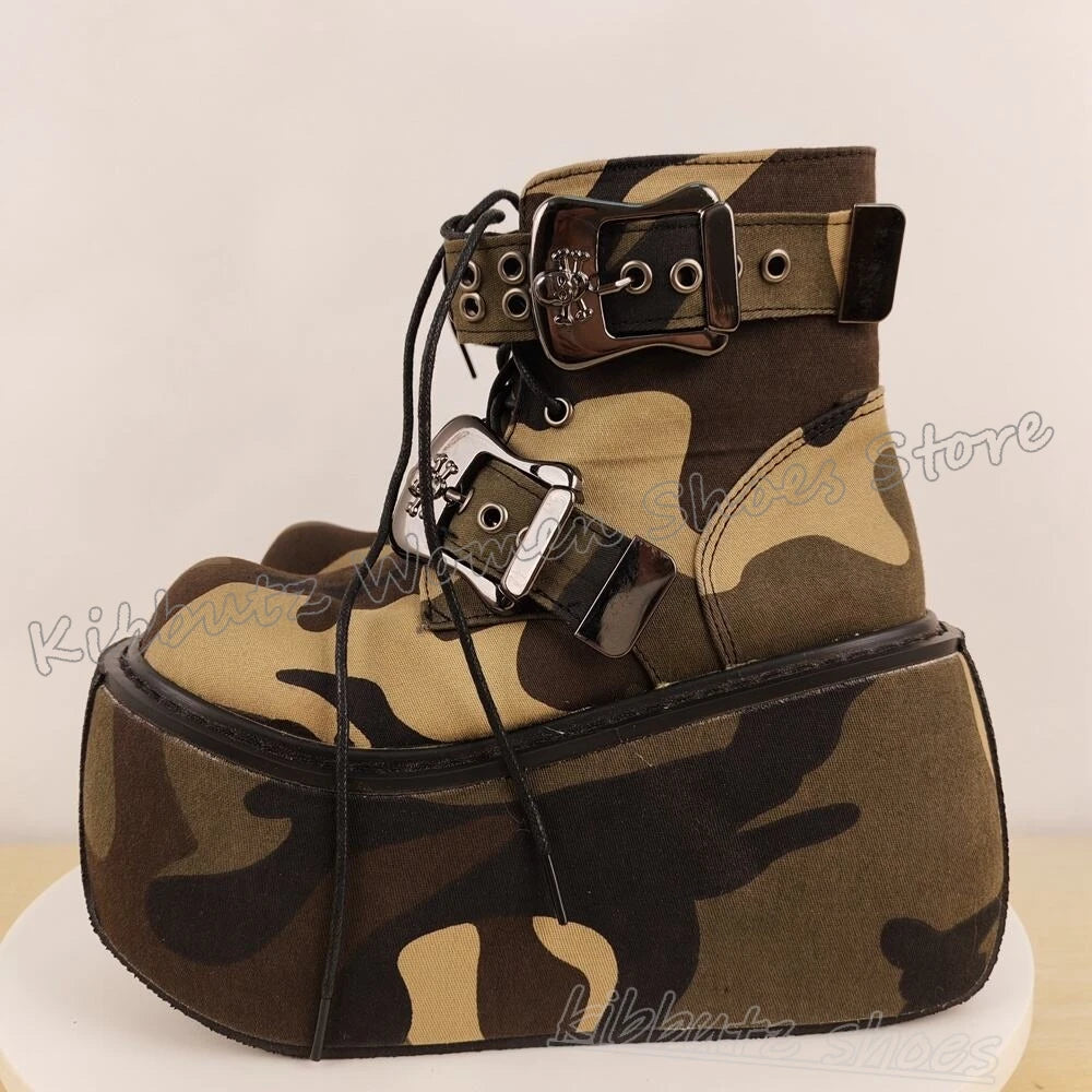 Belt Buckle Ankle Boot Platform Shoes Round Toe Thick Bottom Lace-Up Mixed Color Fashion Luxury Elegant Concise Sexy Novelty New