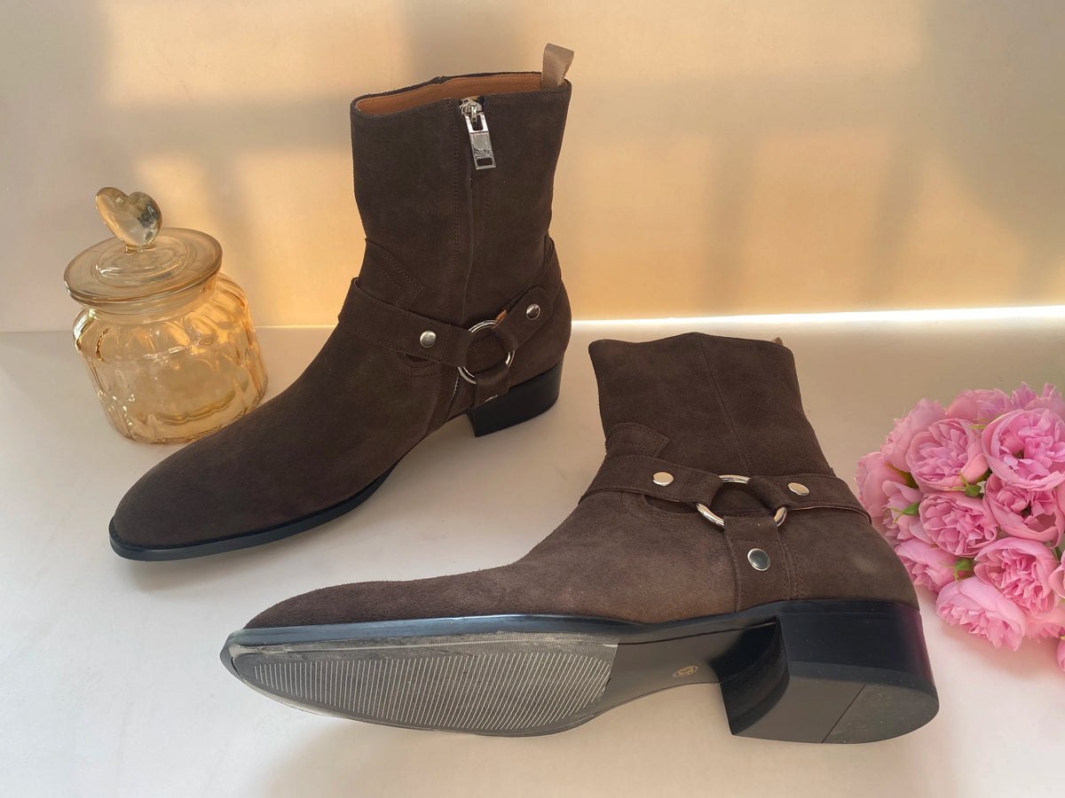 Brown Men Chelsea Boots Handmade High-quality Cow Suede Business Casual Square Toe Mid-heel Men Shoes Motorcycle Boots With Heel