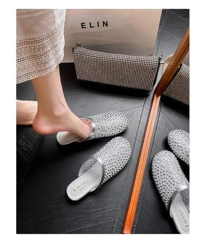 Summer Shoes for Women Slippers Luxury Rhinestone Rivets Casual Sandals Mesh Slip-on Loafers